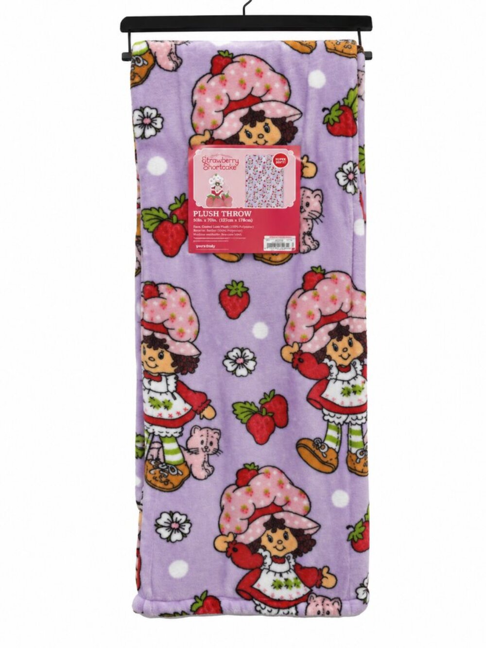 Strawberry Shortcake Plush Throw Blanket 50x70 Lavender Pink Cat NWT